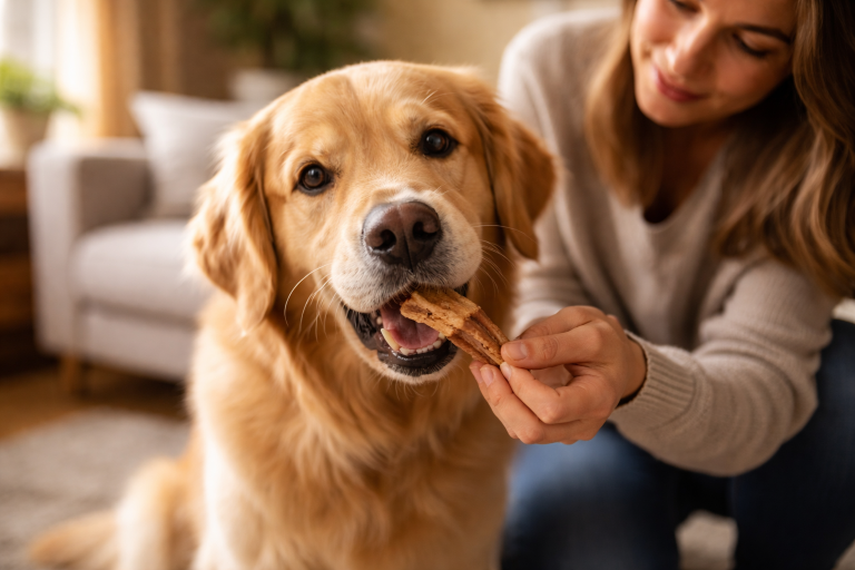 Chien qui mâche une friandise naturelle sous le regard attentif de son maître
