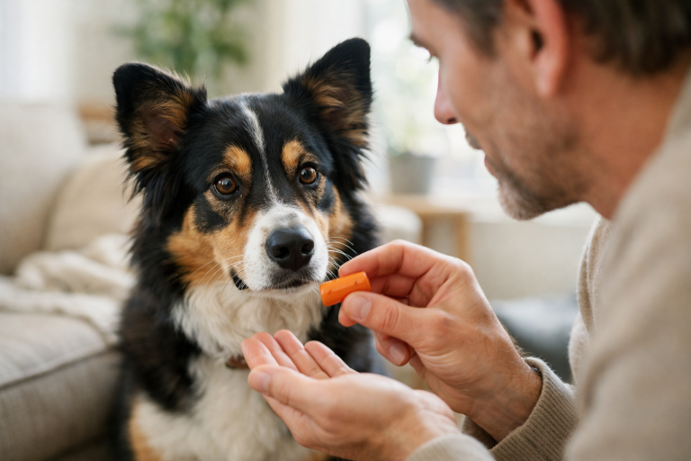 Chien qui cache un jouet dans le salon, comportement instinctif et attachant
