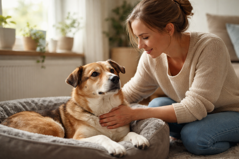 Chien anxieux la nuit près de son panier pendant que son maître le rassure