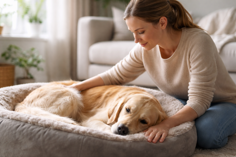 Chien léthargique allongé, maître inquiet l’observe pour surveiller sa fatigue