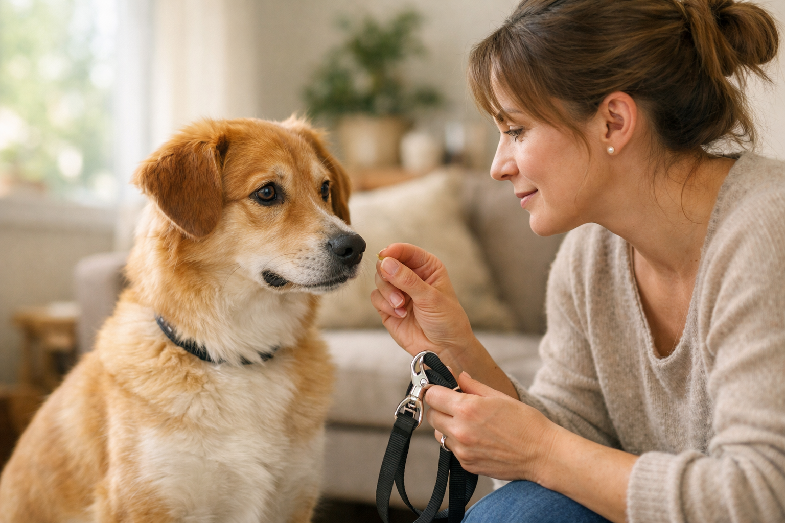 Propriétaire caressant un chien rentré après une fugue, ambiance rassurante