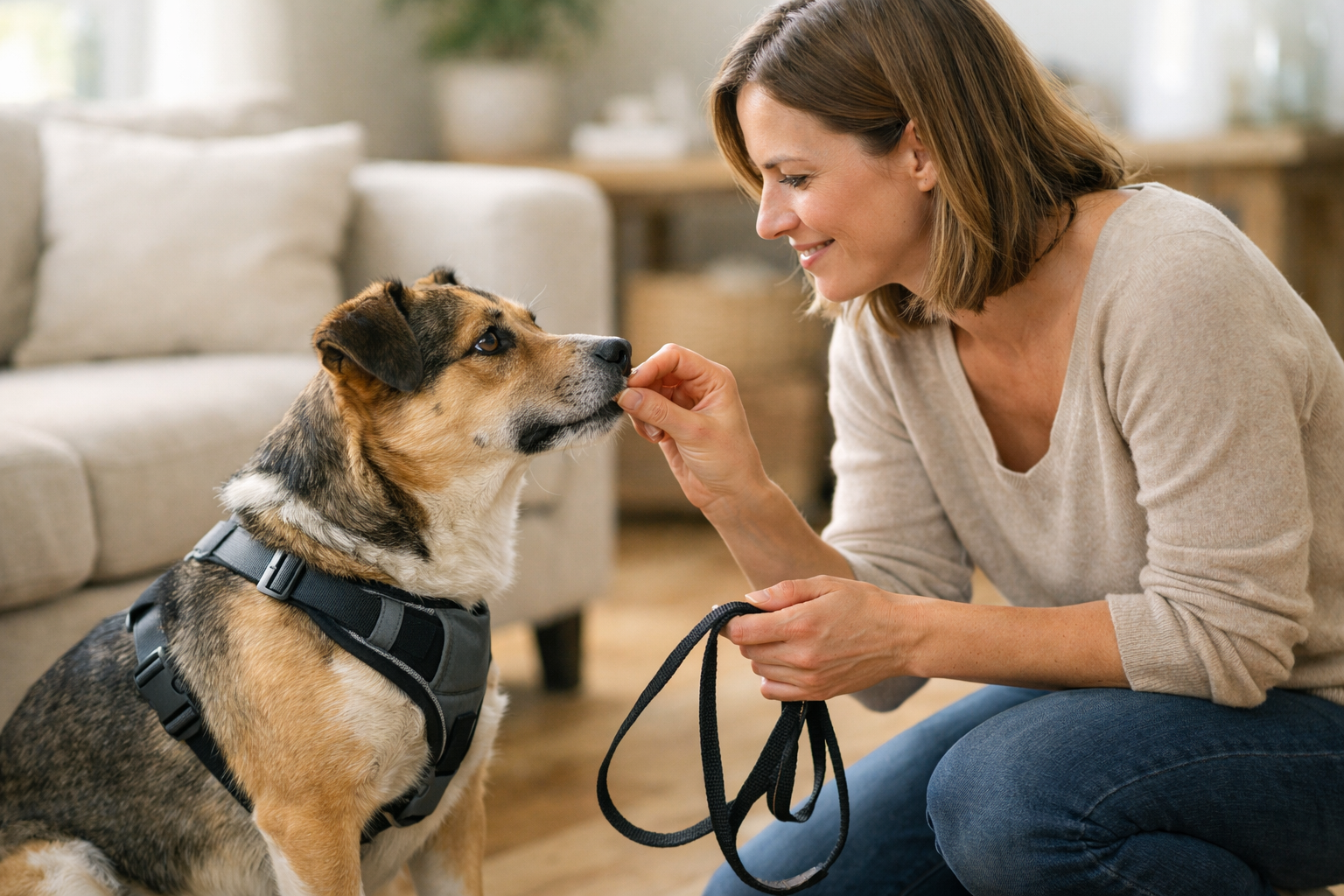 Propriétaire apprenant à son chien la marche en laisse sans tirer, ambiance calme