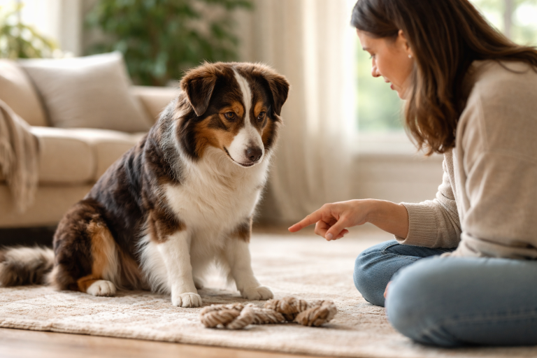 Chien attentif écoute sa maîtresse parler dans un salon lumineux, lien de complicité