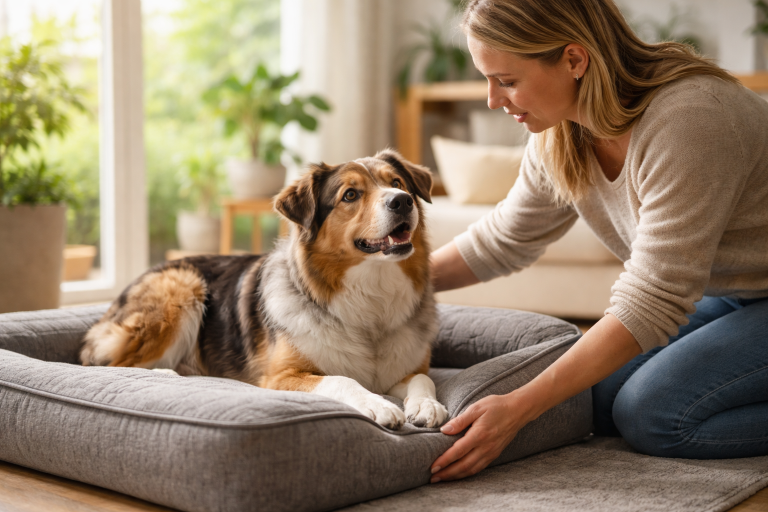 Chien couché serein sur coussin orthopédique dans salon lumineux