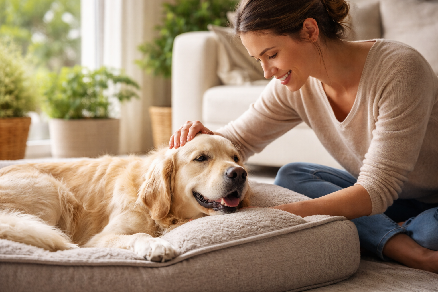 Chien détendu dans un coussin apaisant moelleux dans un coin calme du salon