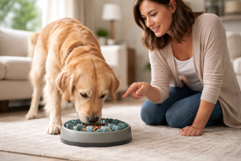 Chien mangeant calmement dans une gamelle anti-glouton, intérieur lumineux et rassurant