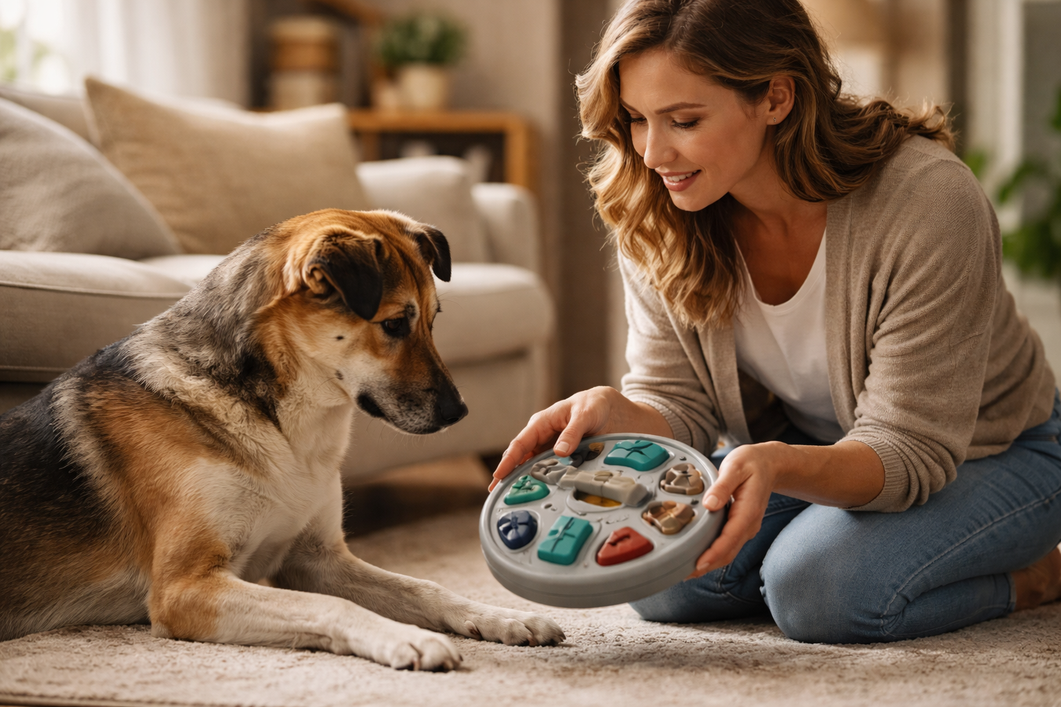 Chien utilisant un jouet interactif pour stimuler son mental et réduire le stress