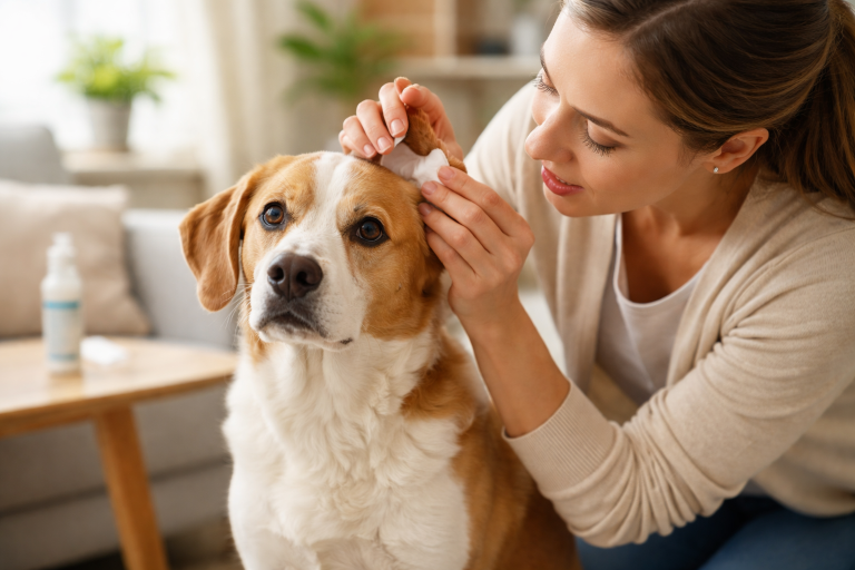 Chien qui se gratte l’oreille, otite canine, consultation vétérinaire