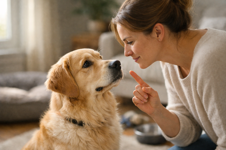Propriétaire caressant son chien en l’appelant par son prénom dans un salon lumineux