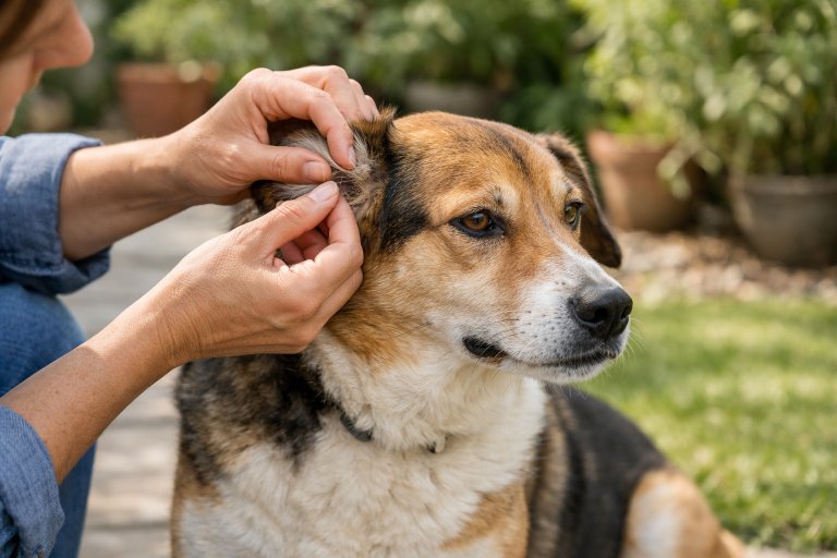 Chien inspecté après promenade pour prévenir les tiques dans le jardin