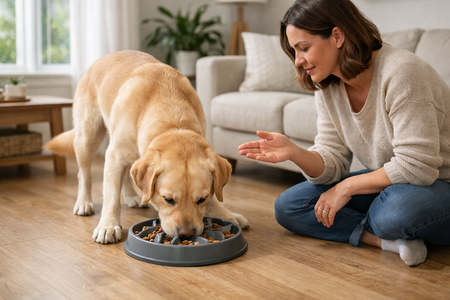Chien mangeant calmement dans une gamelle anti-glouton, ambiance rassurante