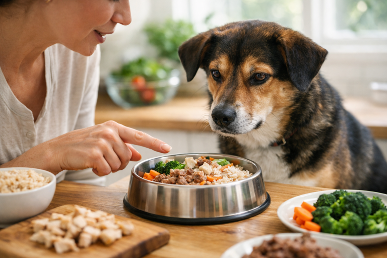 Propriétaire préparant une ration ménagère équilibrée pour son chien dans une cuisine lumineuse