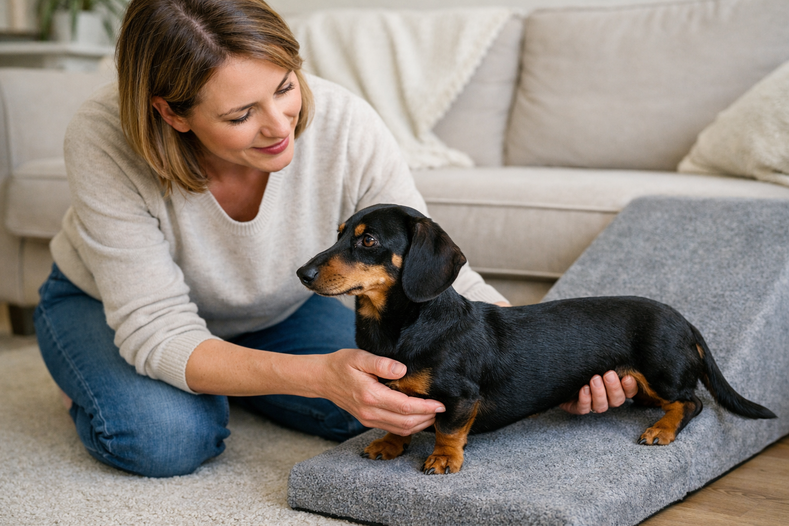 Teckel nain à la maison, rampe d’accès canapé, maître attentif protégeant son dos